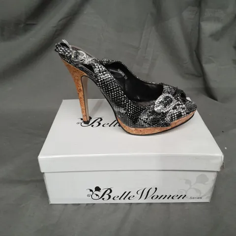 APPROXIMATELY 5 BOXED PAIRS OF SNAKE PATTERN OPEN TOE HIGH HEELS 
