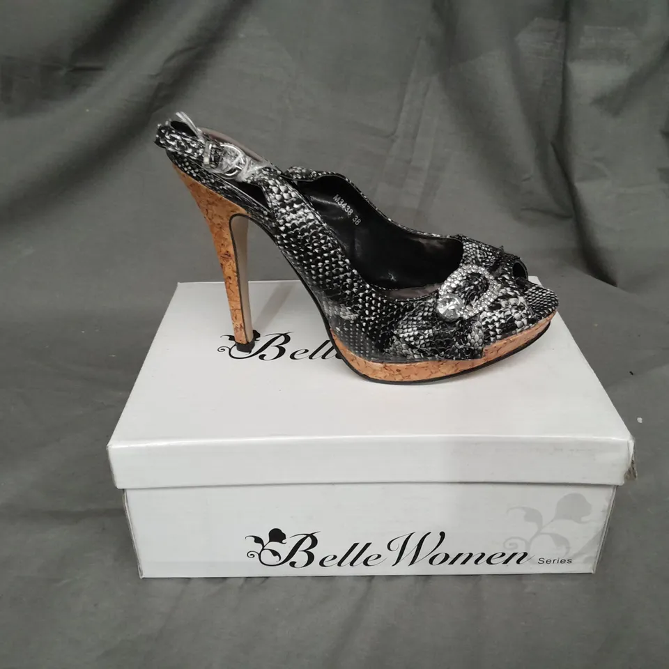 APPROXIMATELY 5 BOXED PAIRS OF SNAKE PATTERN OPEN TOE HIGH HEELS 