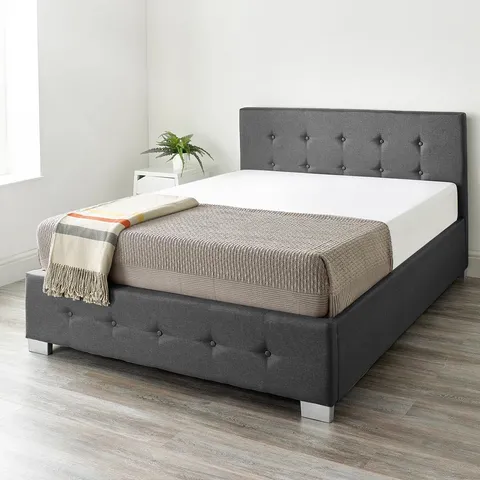 BOXED CADDO FABRIC UPHOLSTERED SMALL DOUBLE BLACK LINEN OTTOMAN BED (2 BOXES)