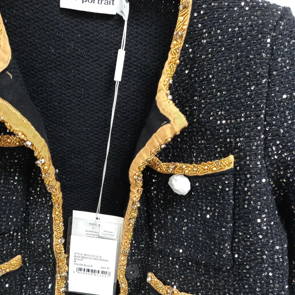 SELF PORTRAIT BLACK SEQUIN KNIT CROP CARDIGAN - M