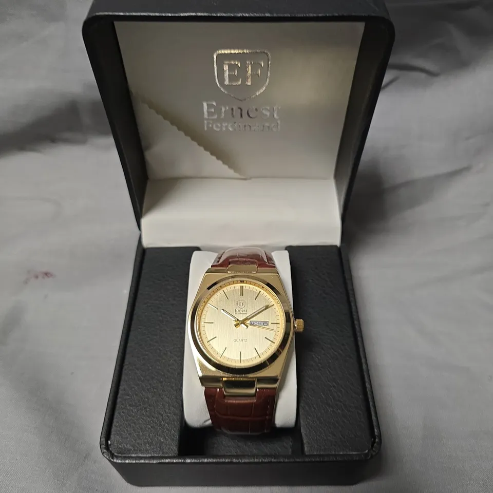 MENS ERNEST FERDINAND WATCH – DAY DATE CALENDAR DIAL – LEATHER STRAP