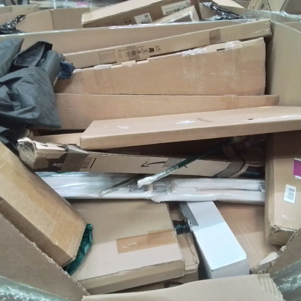 PALLET CONTAINING ASSORTED HOUSEHOLD PRODUCTS INCLUDING PVC FLOOR TILE, BASKETBALL STAND, LONG ALUMINIUM FRENCH CLEATS, HEDGE TRIMMER & CEILING FAN