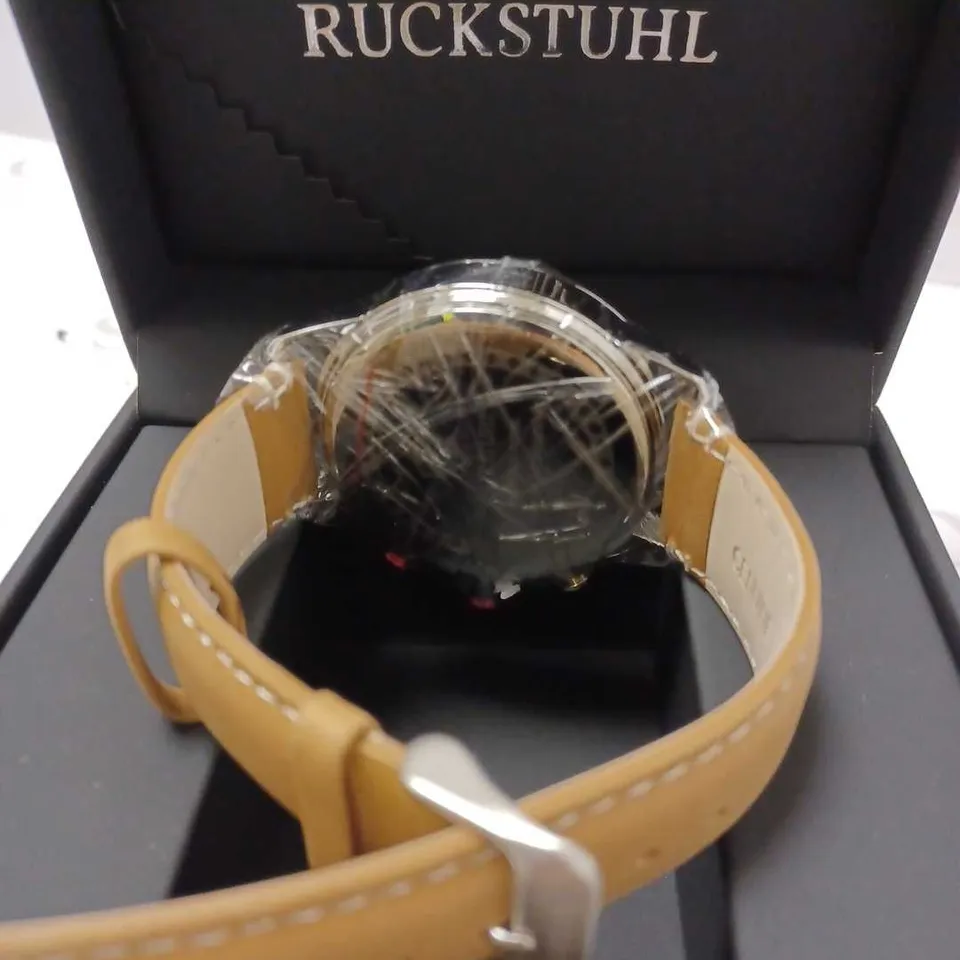 RUCKSTUHL BLACK TRIPLE DIAL BROWN LEATHER STRAP WRISTWATCH