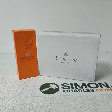 BOX OF APPROXIMATELY 15 ASSORTED ITEMS TO INCLUDE SHOE TREE COMFORT FOOTWEAR, INCREMENTUM THE HAIR BRUSH ETC