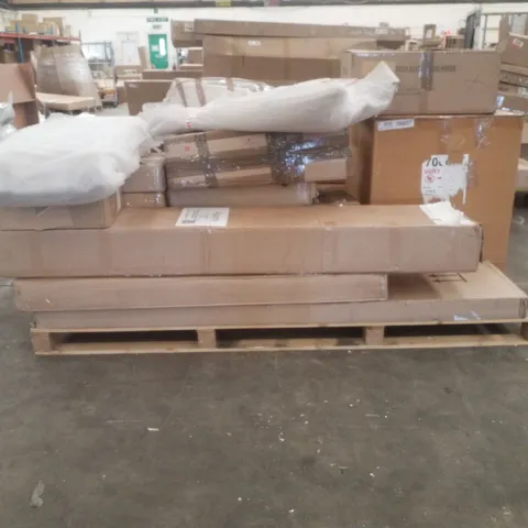PALLET OF ASSORTED GOODS AND PRODUCTS TO INCLUDE: BED FRAME, DINING TABLE, LAMP SHADE