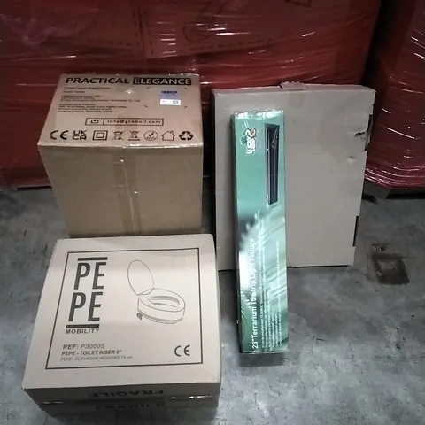 PALLET OF HOUSEHOLD ITEMS TO INCLUDE TOILET RISER, STEAM CLEANER,  TERRARIUM LIGHT FIXTURE, TOILET SEAT AND OTHER ASSORTED ITEMS...