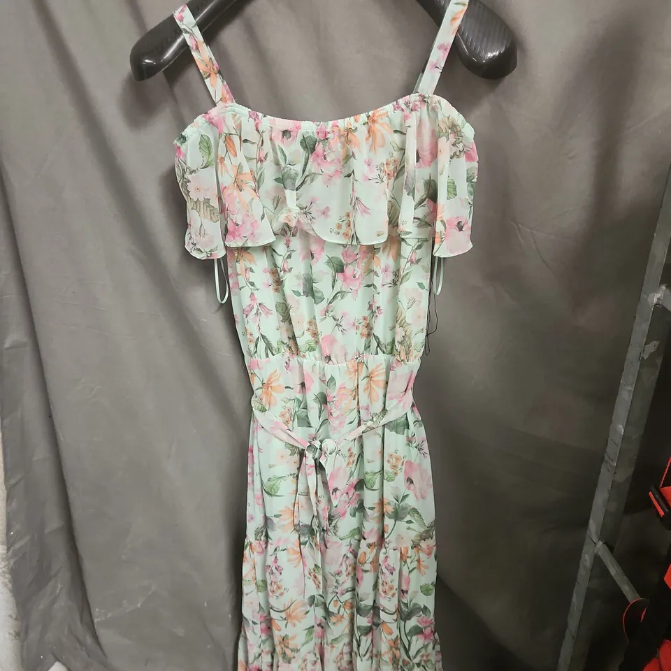 ROMAN FLORAL MAXI DRESS – UK SIZE 14, MINT GREEN WITH PINK FLOWERS