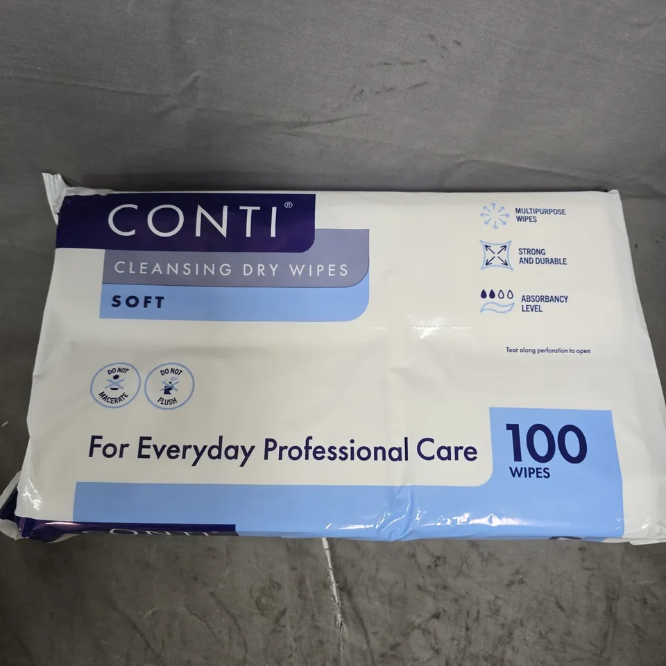 APPROXIMATELY 30 CONTI SOFT CLEANSING DRY WIPE PACKS - 100 WIPES PER PACK 
