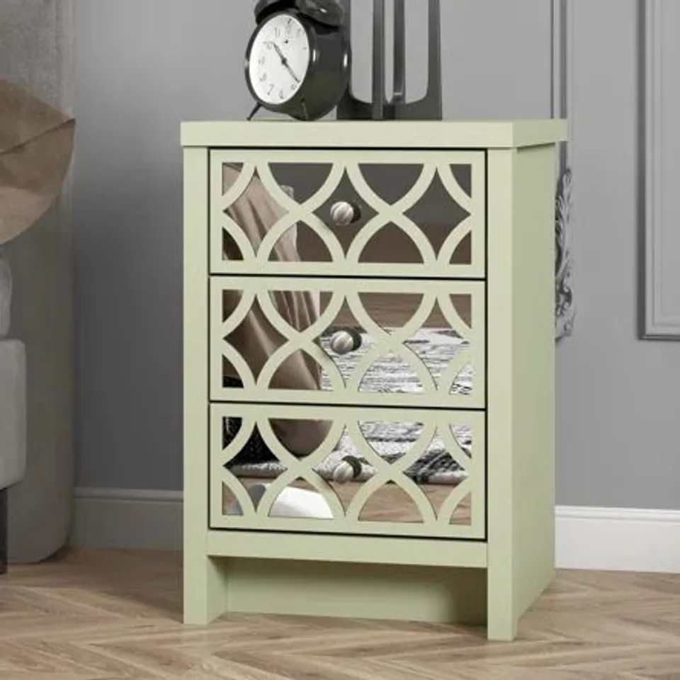 BOXED IRIS 3 DRAWER BEDSIDE TABLE WITH FULL MIRROR 