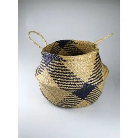 BOXED HOUSE ADDITIONS WICKER BASKET PLANT WITH HANDLE MADE OF SEAGRASS BLUE, NATURAL