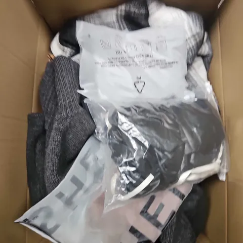 LARGE BOX OF APPROXIMATELY 20 ASSORTED CLOTHING ITEMS IN VARIOUS SIZES, STYLES AND COLOUR