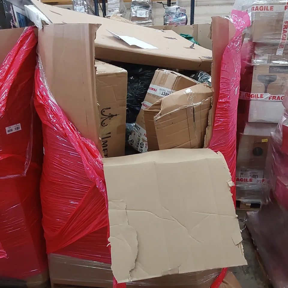 PALLET OF ASSORTED HOUSEHOLD ITEMS AND CONSUMER PRODUCTS TO INCLUDE; CHANDELIER LIGHT, ELECTRIC BLANKET, TOILET SEAT, BOXED FURNITURE ETC 