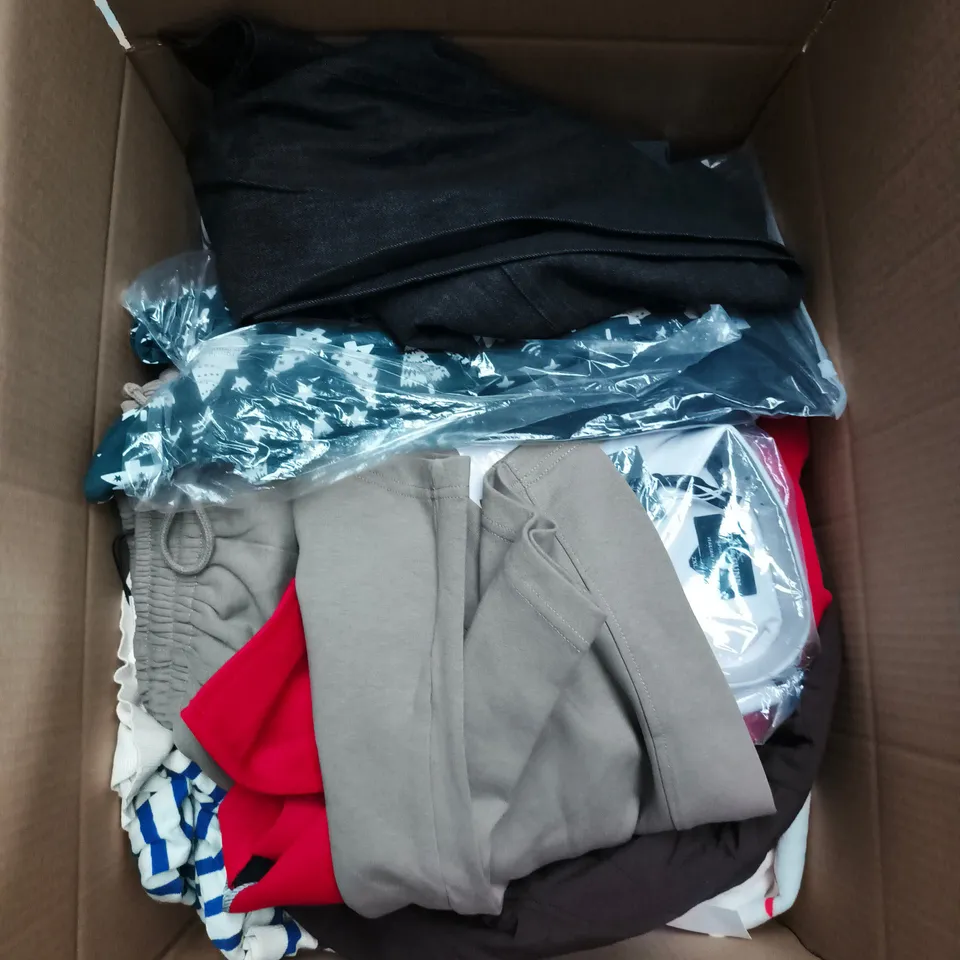 LARGE BOX OF APPROXIMATELY 25 ASSORTED CLOTHING ITEMS IN VARIOUS COLOURS, STYLES AND SIZES - COLLECTION ONLY