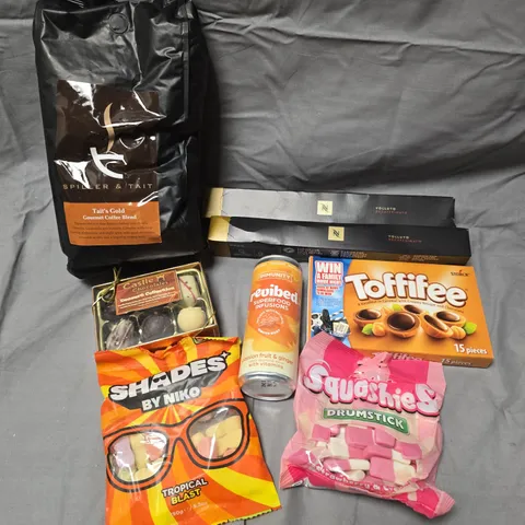 APPROXIMATELY 15 ASSORTED FOOD/DRINK PRODUCTS TO INCLUDE TOFFIFEE, SQUISHIES, SHADES BY NIKO SWEETS ETC 