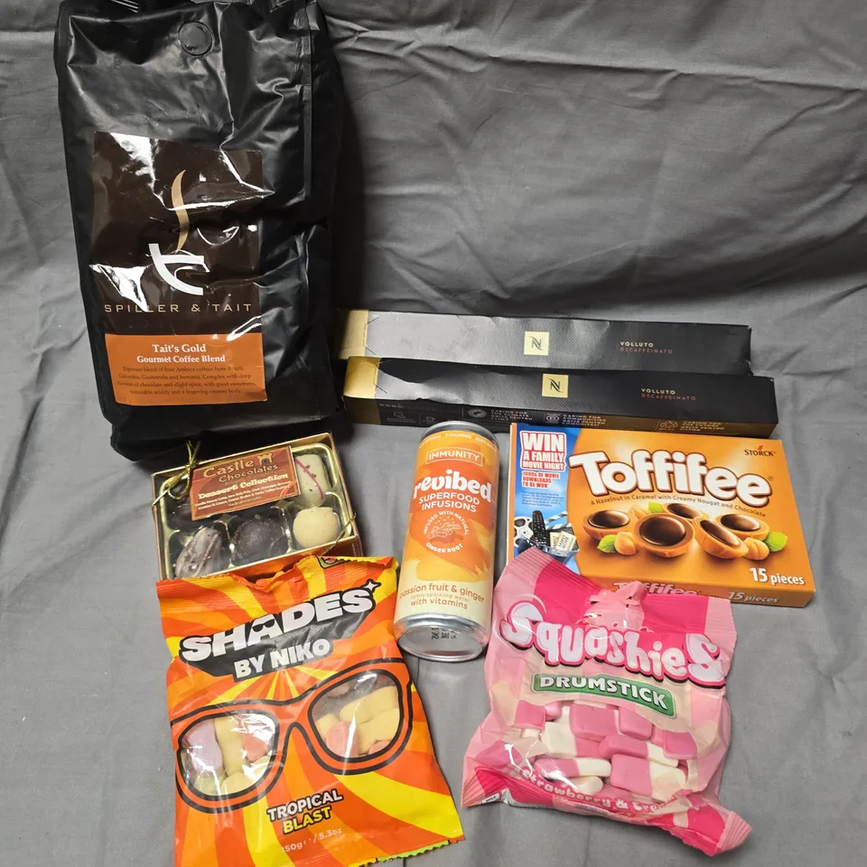 APPROXIMATELY 15 ASSORTED FOOD/DRINK PRODUCTS TO INCLUDE TOFFIFEE, SQUISHIES, SHADES BY NIKO SWEETS ETC 