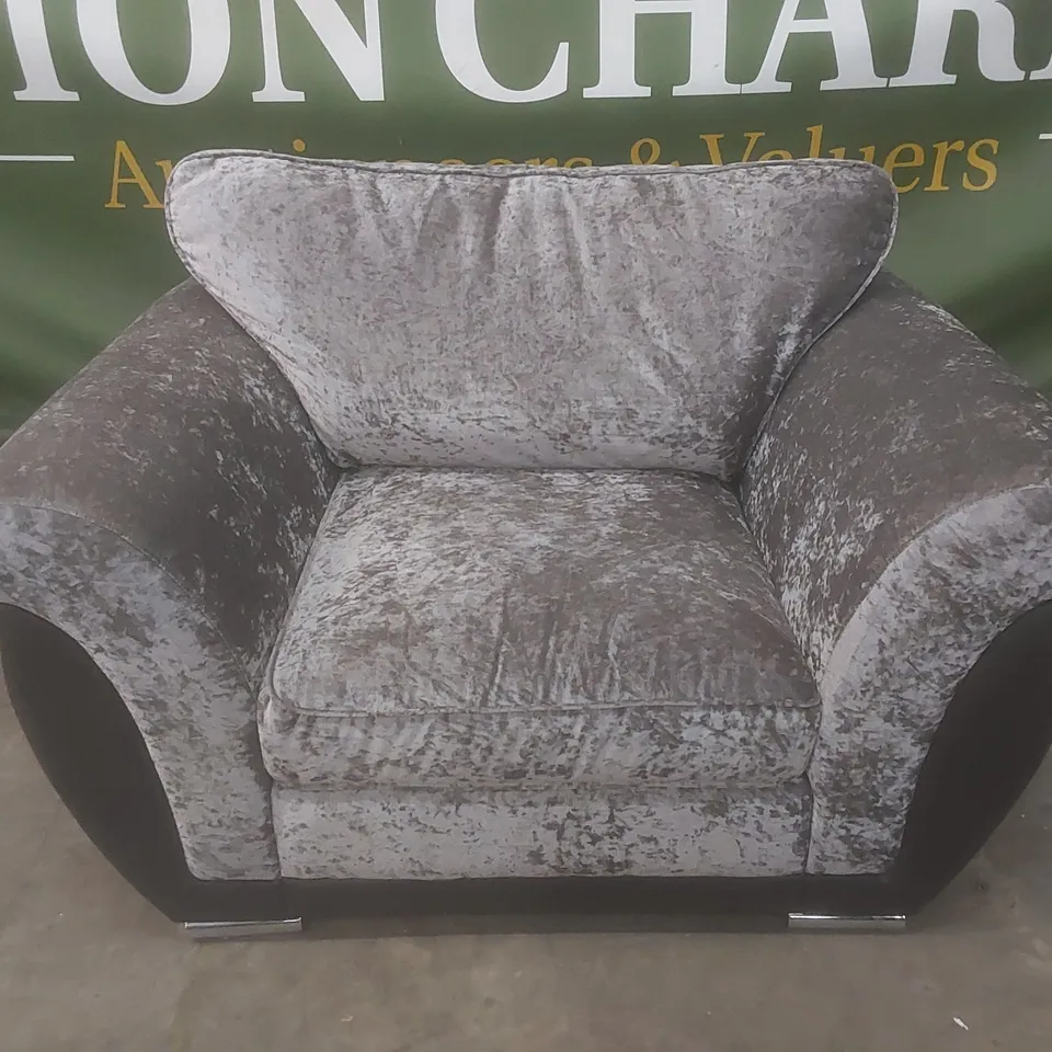 DESIGNER CRUSHED VELVET AND FABRIC UPHOLSTERED ARMCHAIR