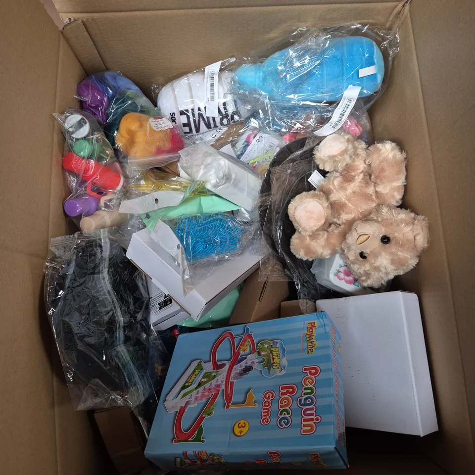 QUANTITY OF ASSORTED TOYS TO INCLUDE TEDDIES, STITCH AND PENGUIN RACE