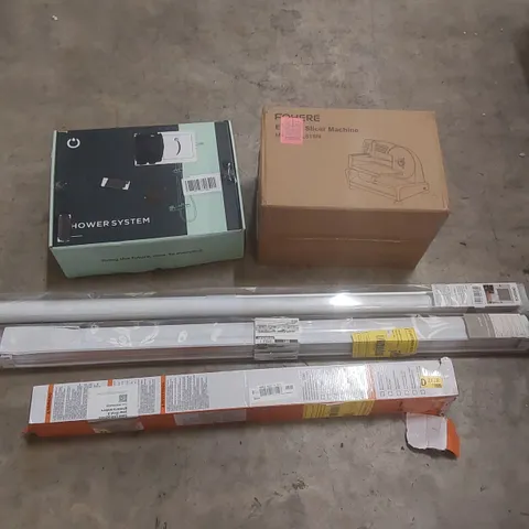 PALLET CONTAINING A VERY LARGE QUANTITY OF ASSORTED ITEMS INCLUDING: MEAT SLICER MACHINE, SHOWER SYSTEM, RETRACTABLE SAFETY GATE, BLINDS ECT