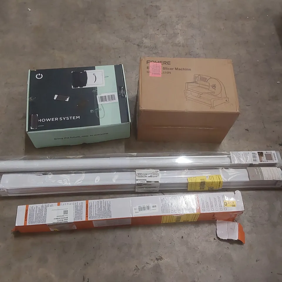 PALLET CONTAINING A VERY LARGE QUANTITY OF ASSORTED ITEMS INCLUDING: MEAT SLICER MACHINE, SHOWER SYSTEM, RETRACTABLE SAFETY GATE, BLINDS ECT
