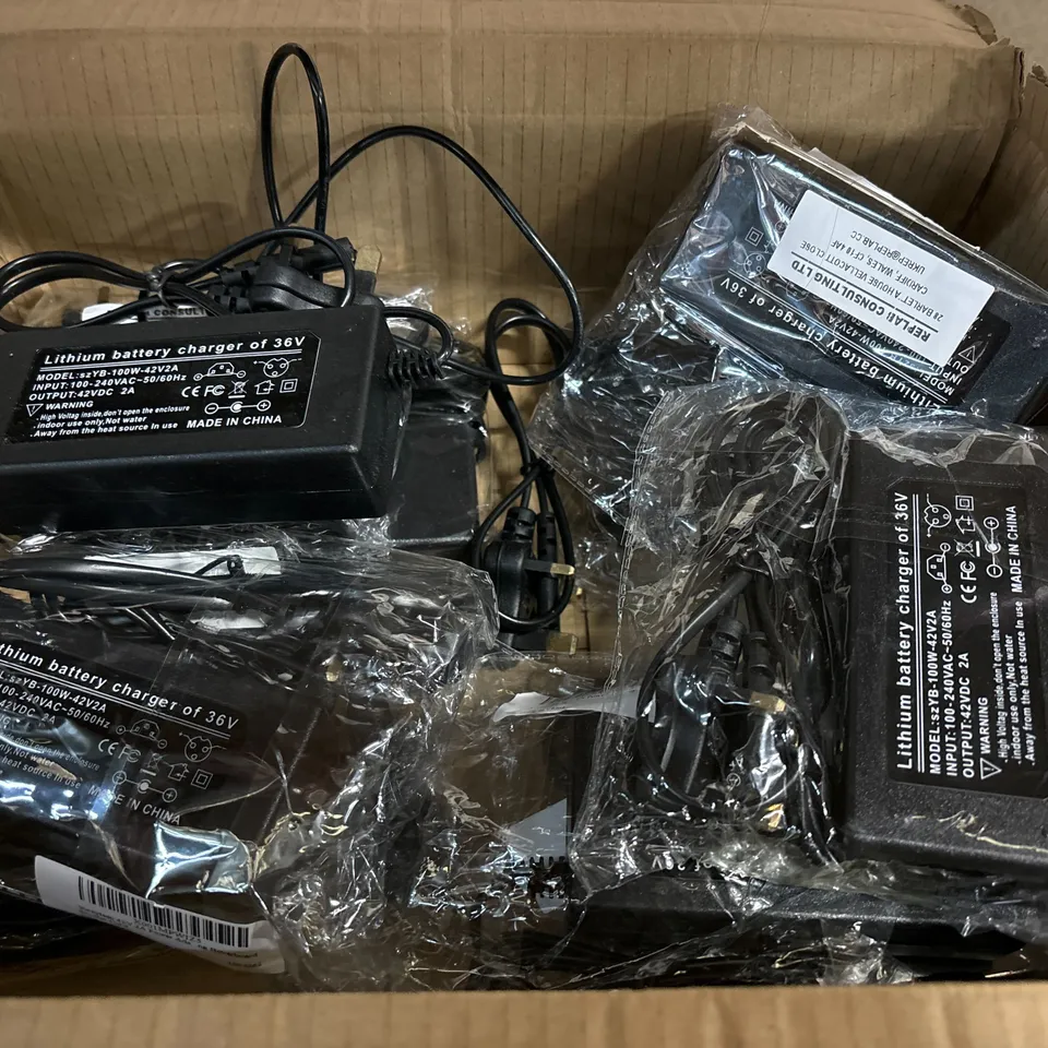 BOX OF APPROXIMATELY 10X 36V LITHIUM BATTERY CHARGERS (1 BOX)