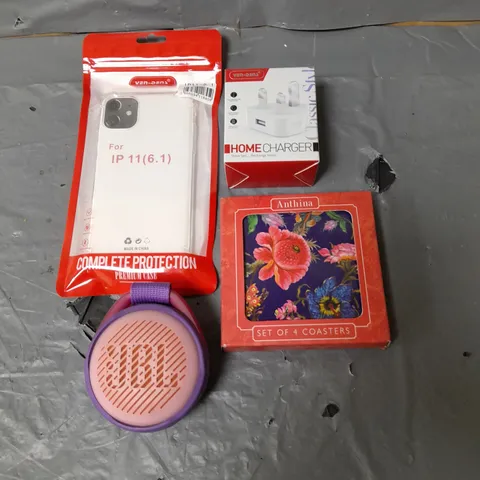 APPROXIMATELY 5 HOUSEHOLD ITEMS TO INCLUDE MINI JBL SPEAKER, COASTERS AND ADAPTER PLUG