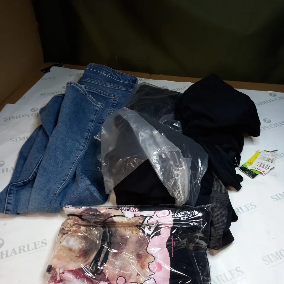  BOX OF ASSORTED CLOTHING ITEMS TOO INCLUDE DRESSES , SHIRTS AND TROUSERS IN VARIOUS SIZES AND COLOURS   