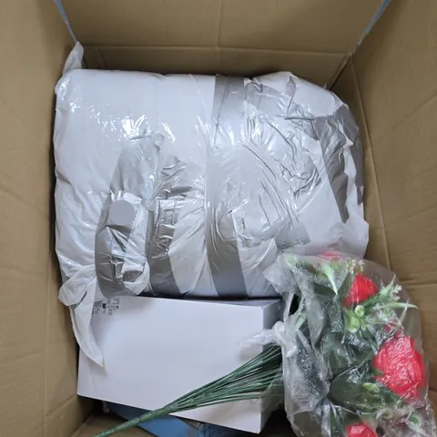 BOX OF APPROXIMATELY 10 ASSORTED HOUSEHOLD ITEMS TO INCLUDE ARTIFICIAL FLOWERS, DUVET AND BED SHEETS