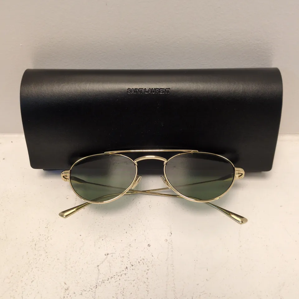 SAINT LAURENT SUNGLASSES – GOLD-TONE AVIATOR FRAMES WITH GREEN LENSES (CASE INCLUDED)