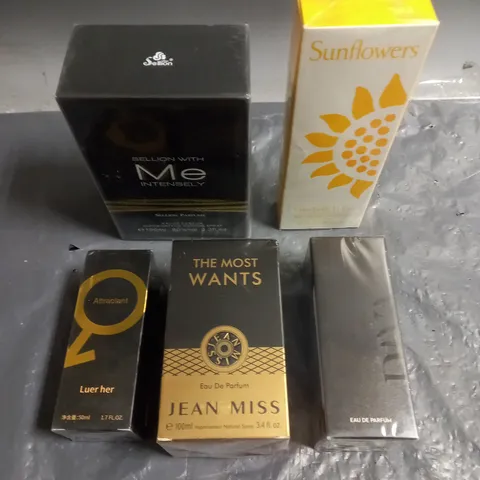 BOX OF APPROXIMATELY 5 ASSORTED SEALED FRAGRANCES TO INCLUDE - ELIZABETH ARDEN SUNFLOWERS - DIVAIN 407 - JEAN MISS THE MOST WANTS - ETC