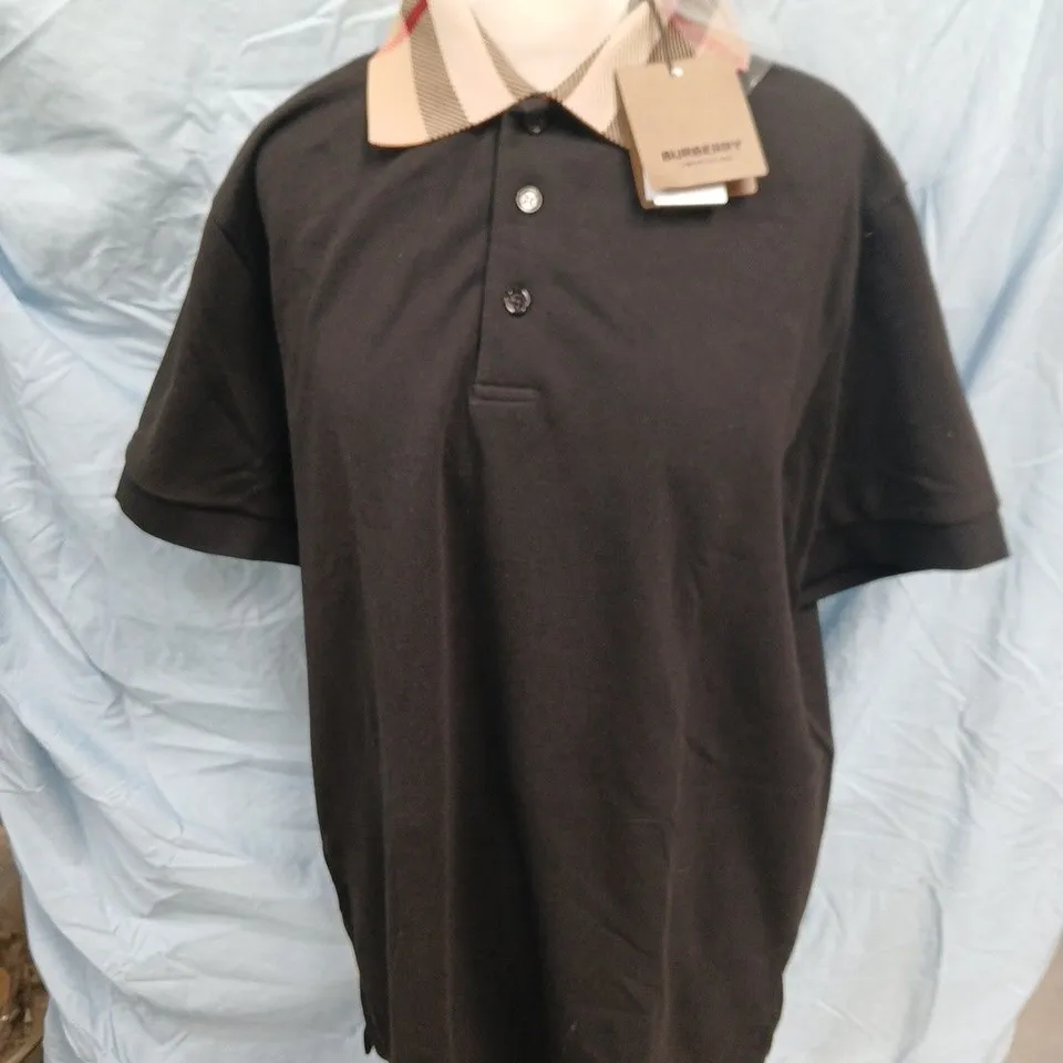 BURBERRY POLO SHIRT – BLACK WITH BURBERRY CHECK COLLAR, UK 16