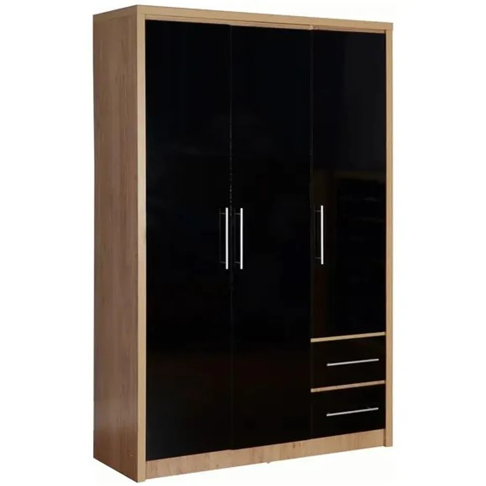 BOXED SEVILLE 3 DOOR 2 DRAWER WARDROBE IN BLACK GLOSS/LIGHT OAK EFFECT VENEER - 3 BOXES FULL SET 