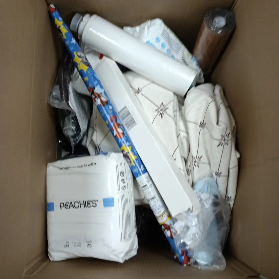 BOX CONTAINING A MIX OF APPROXIMATELY 15 ASSORTED HOUSEHOLD ITEMS INCLUDING WRAPPING PAPER, NAPPIES, FABRIC ETC. 