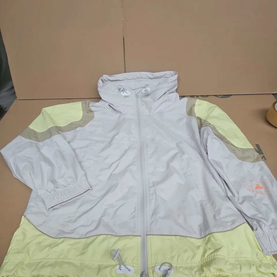 ADIDAS BY STELLA MCCARTNEY WOMEN'S WINDBREAKER JACKET – LIGHT GREY WITH NEON YELLOW PANELS, UK S