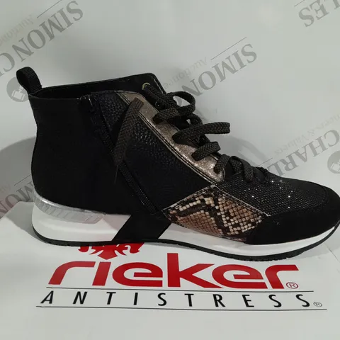 BOXED PAIR OF RIEKER HIGH TOP BOOTS IN BLACK - SIZE 7.5
