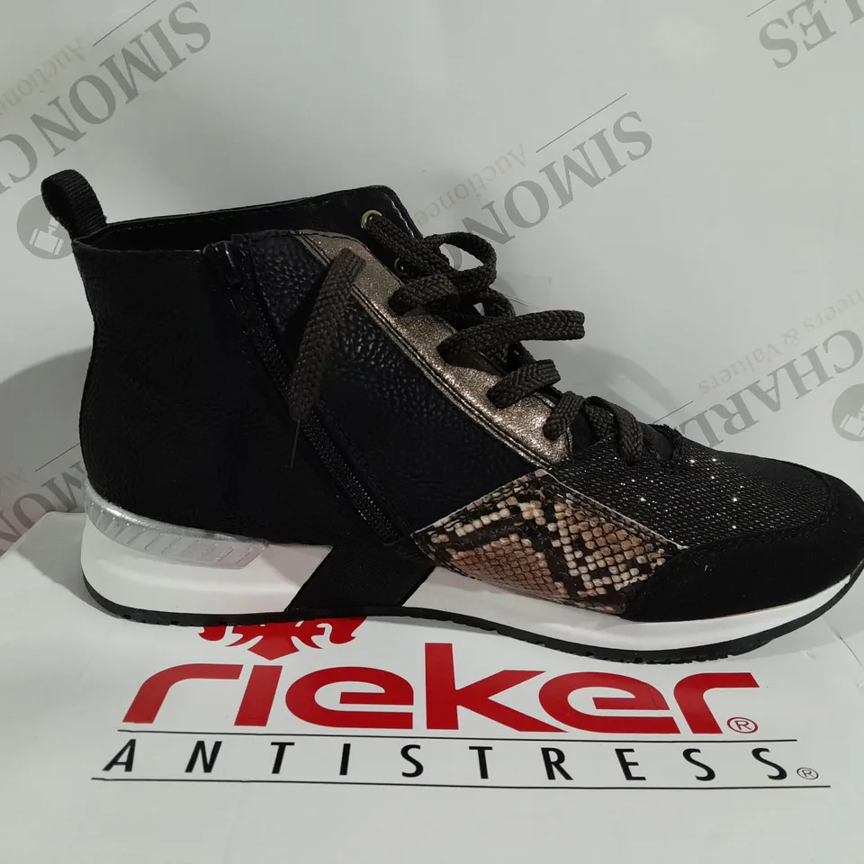 BOXED PAIR OF RIEKER HIGH TOP BOOTS IN BLACK - SIZE 7.5 