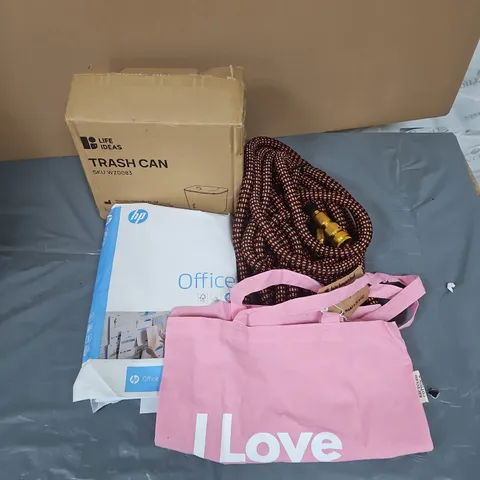 BOX OF APPROXIMATELY 12 ASSORTED HOUSEHOLD ITEMS TO INCLUDE - TRASH CAN - PRINTER PAPER - HOSE - ETC