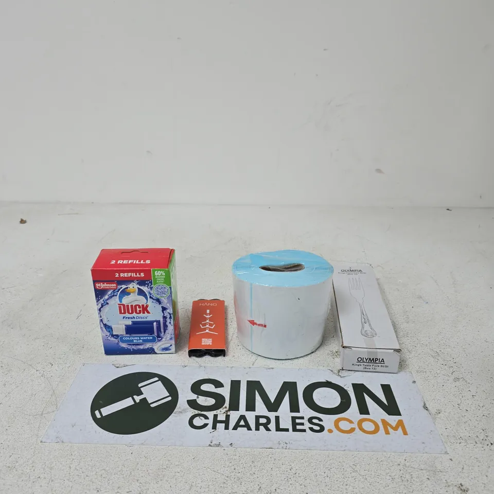 APPROXIMATELY 15 ASSORTED HOUSEHOLD PRODUCTS TO INCLUDE TOILET DUCK FRESH DISCS, THERMAL LABELS AND OLYMPIA KINGS TABLE FORKS