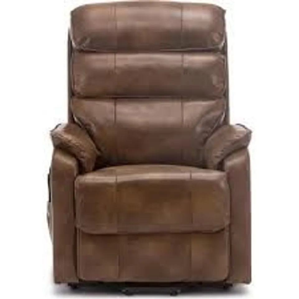 BOXED BUCKINGHAM LEATHER RISE RECLINER CHAIR IN BROWN (2 BOXES)