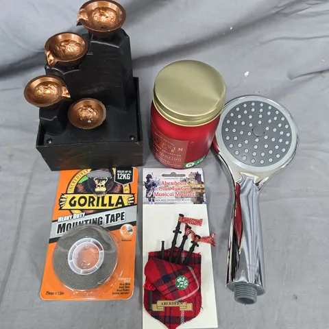 BOX OF ASSORTED ITEMS TO INCLUDE - SHOWER HEAD - CANDLE - TAPE 