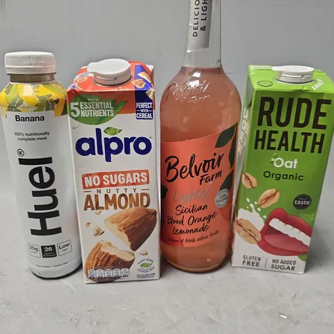 APPROXIMATELY 10 ASSORTED DRINK ITEMS TO INCLUDE - ALPRO ALMOND , RUDE HEALTH OAT , HUEL BANANA ETC