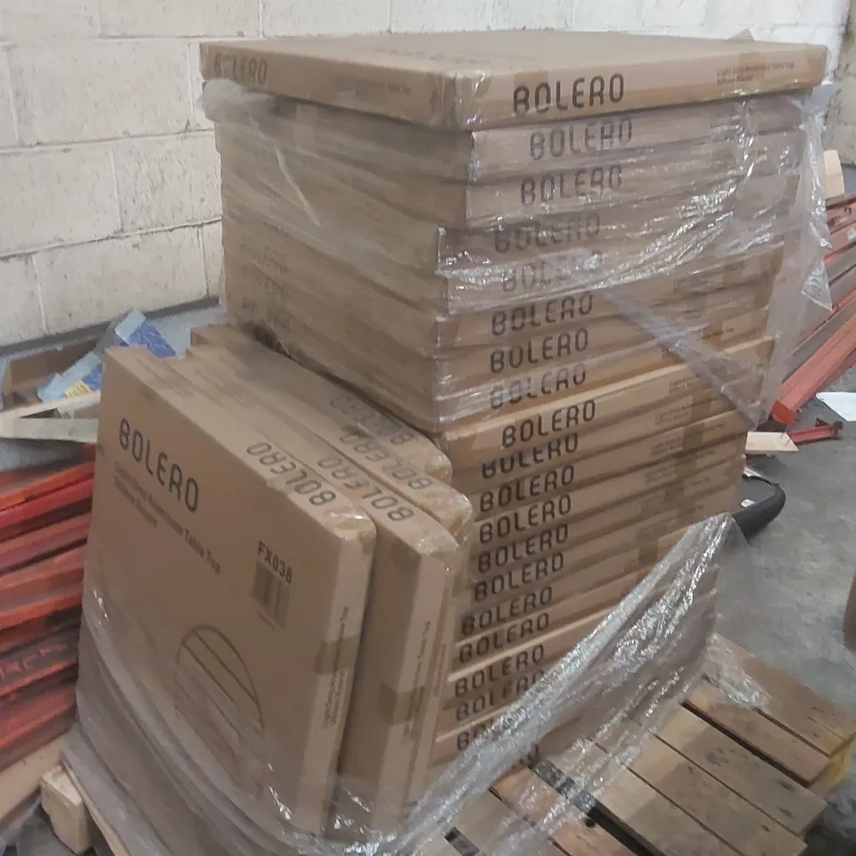 PALLET CONTAINING A VERY LARGE QUANTITY OF BRAND NEW BOLERO ALUMINIUM TABLE TOPS