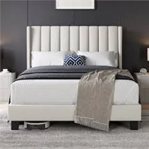BOXED YAHEETECH UPHOLSTERED BED FRAME WITH CHANNEL TUFTED HEADBOARD - BEIGE // SIZE: 135 X 190cm (2 BOXES)