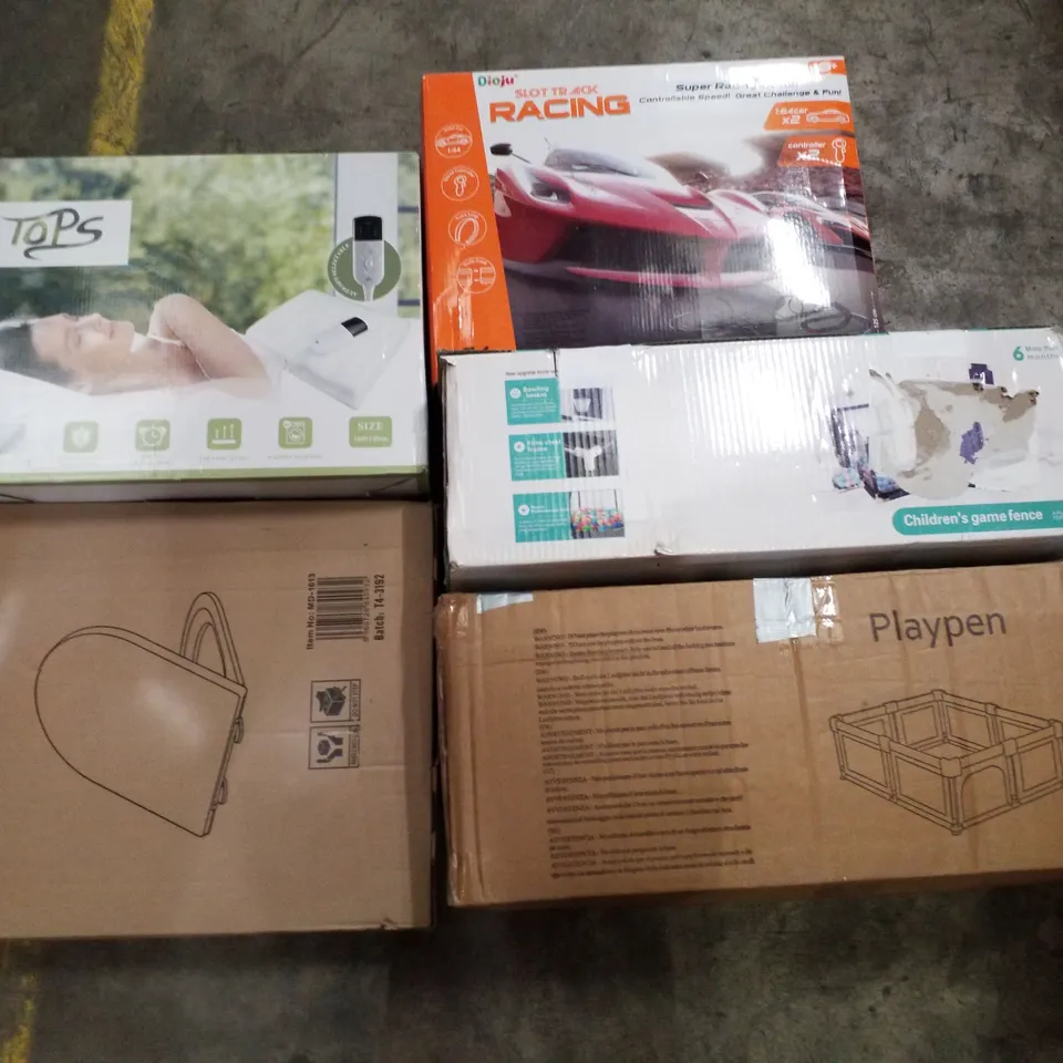 PALLET CONTAINING ASSORTED PRODUCTS INCLUDING HEATED BLANKET, CHILDRENS GAME FENCE, TOILET SEAT, SLOT TRACK RACING & PLAYPEN 