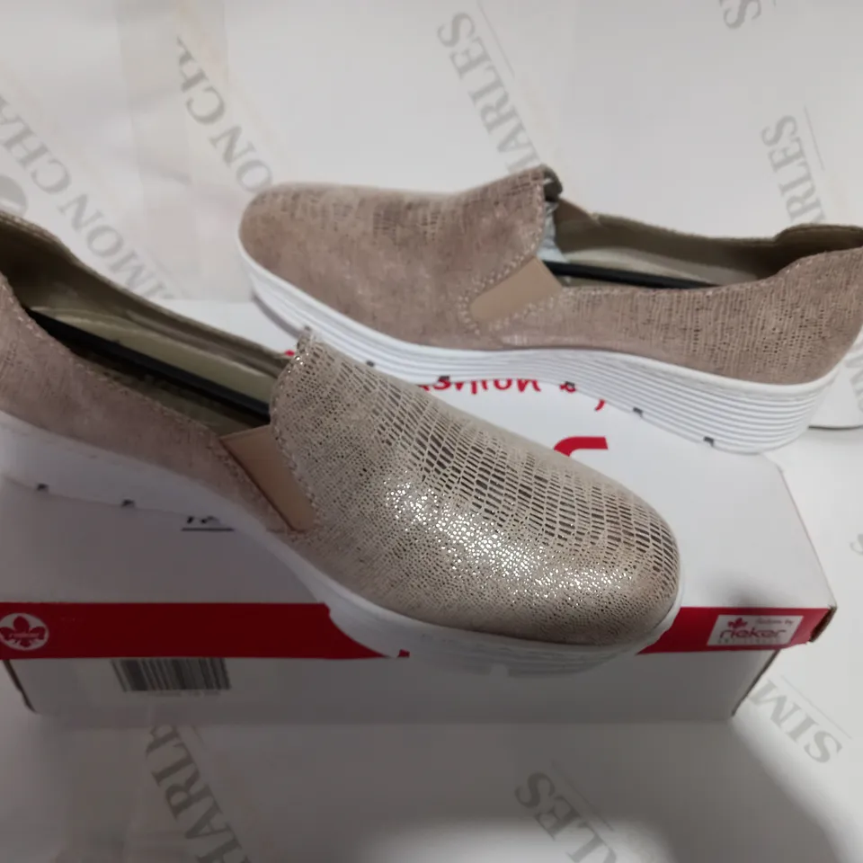 BOXED PAIR OF RIEKER ROSE GOLD WEDGE - SIZE 6