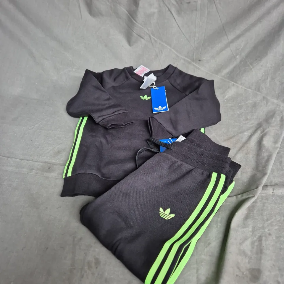 ADIDAS CREW & JOGGER SET - BLACK WITH NEON GREEN STRIPES, UK 3-4Y