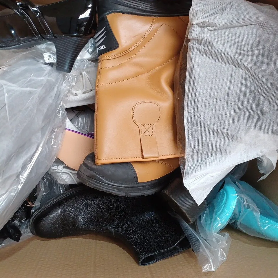 BOX OF APPROXIMATELY 20 ASSORTED PAIRS OF SHOES AND FOOTWEAR ITEMS IN VARIOUS STYLES AND SIZES TO INCLUDE LONDON REBEL, M&S, ETC