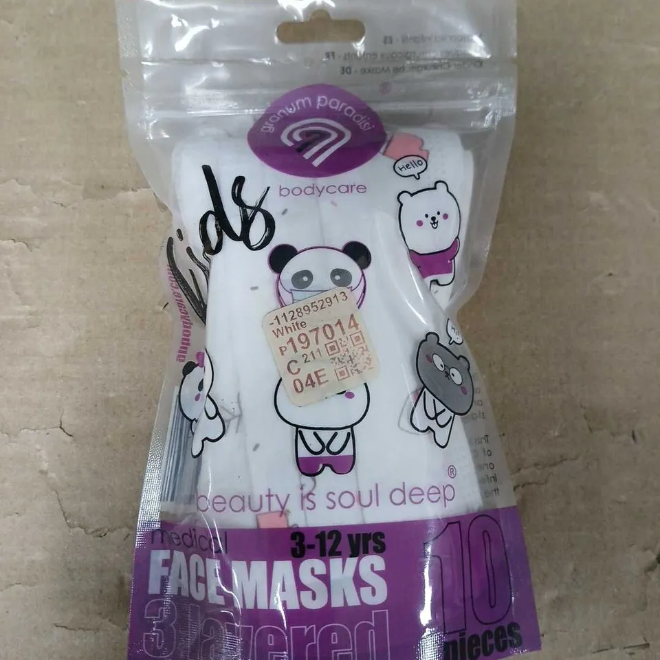 BOX OF APPROXIMATELY 20 PACKS OF KIDS MEDICAL 3 LAYERED FACE MASKS - WHITE ANIMALS - 10 MASKS PER PACK