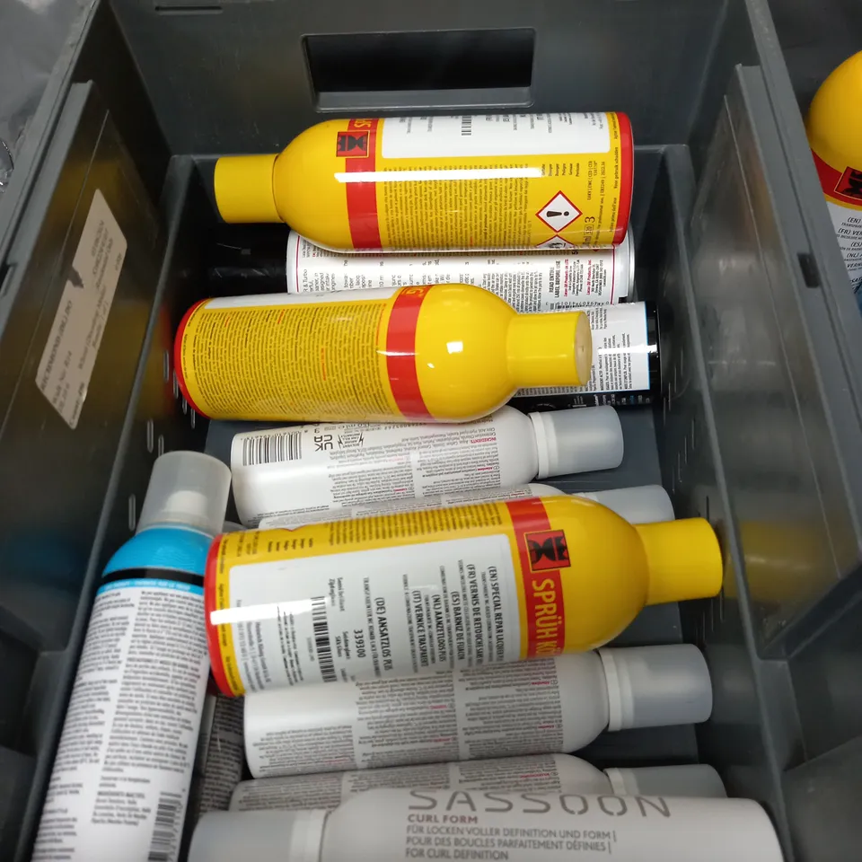 BOX OF APPROXIMATELY 10 ASSORTED AEROSOLS TO INCLUDE - SASOON CURL FOAM - UMBRO ICE BODY SPRAY - LUCAS DIESAL EGR & TURBO CLEANER - ETC - COLLECTION ONLY