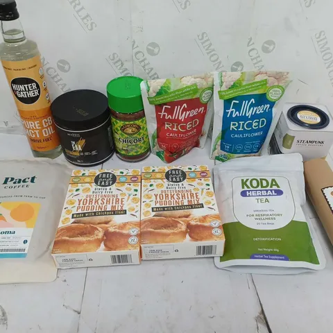 ASSORTED FOOD TOTES TO INCLUDE FULLGREEN RICED, YORKSHIRE PUDDING MIX, AND PACT COFFEE ETC. 