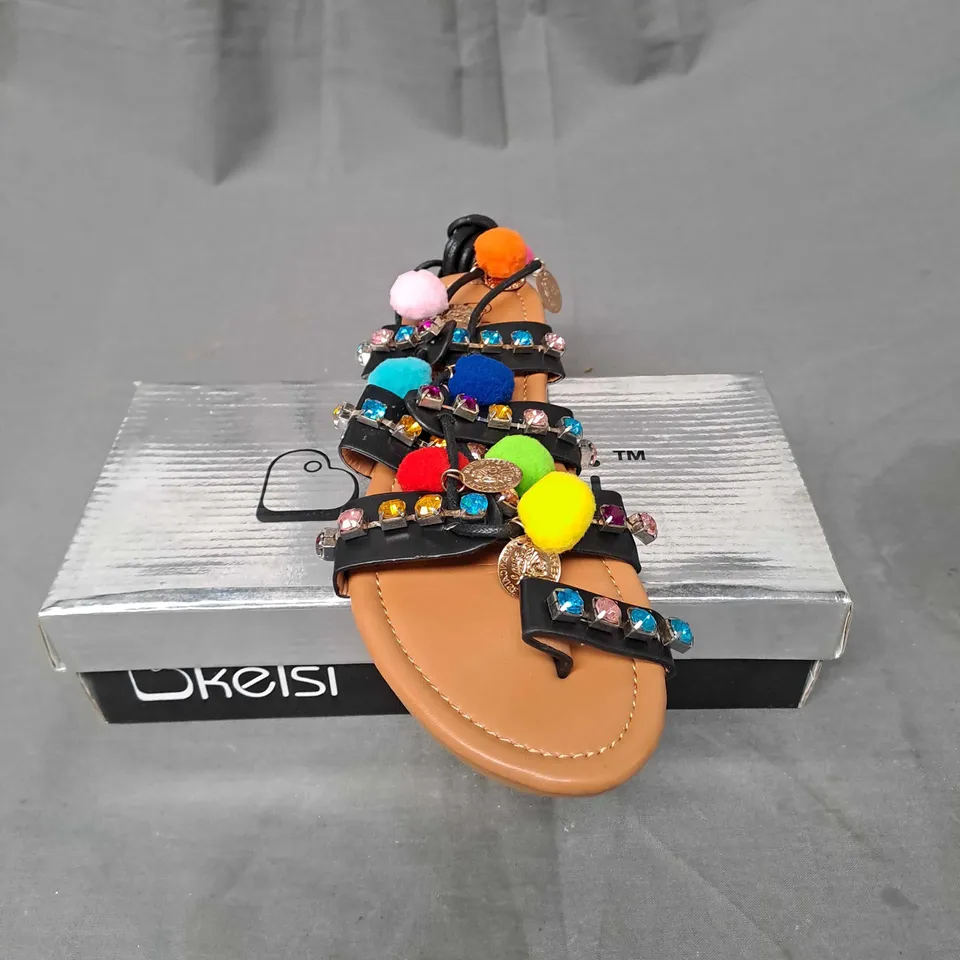 BOX OF APPROXIMATELY 10 PAIRS OF KELSI EMBELLISHED SANDALS IN BLACK - VARIOUS SIZES